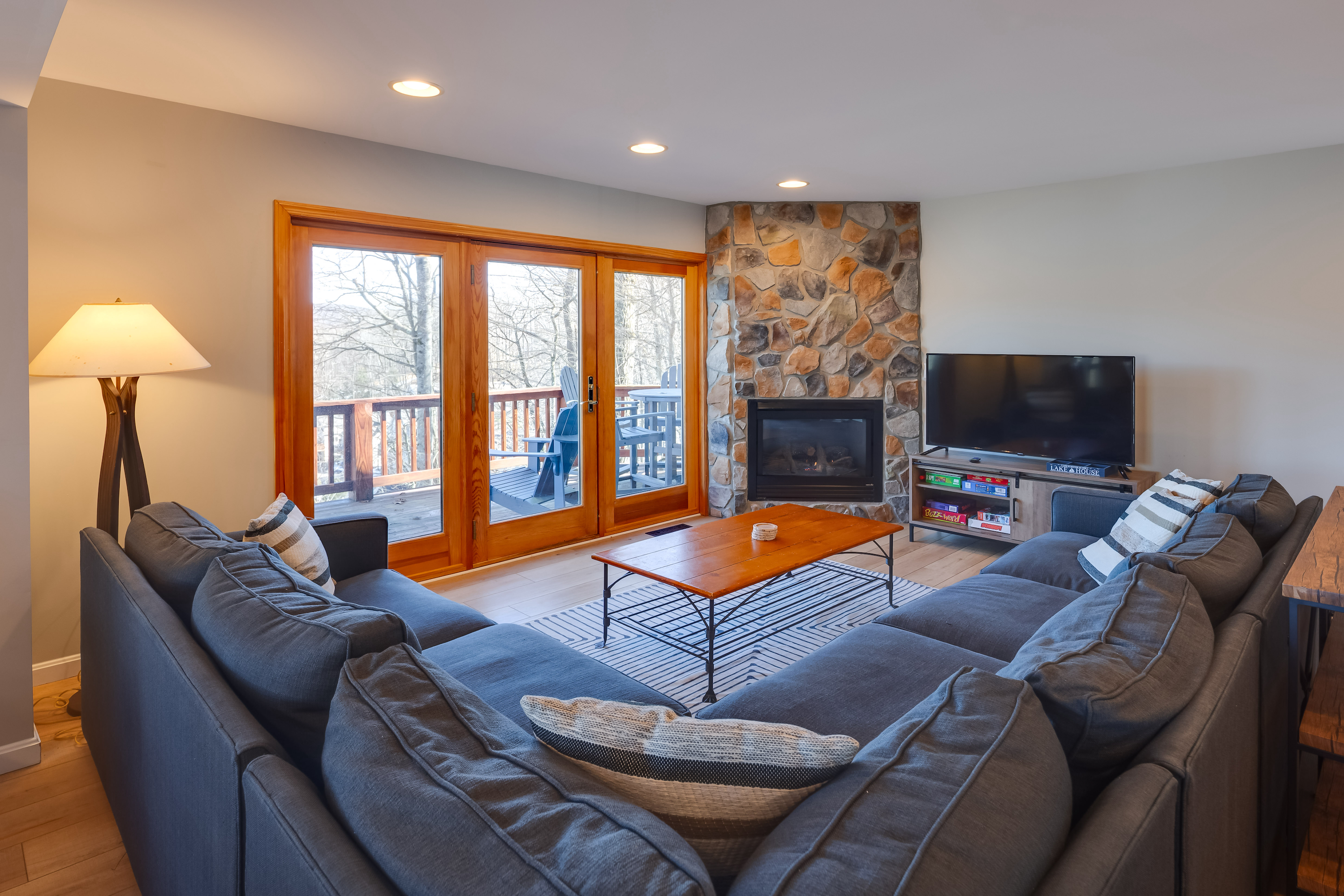 Fireplace and French doors